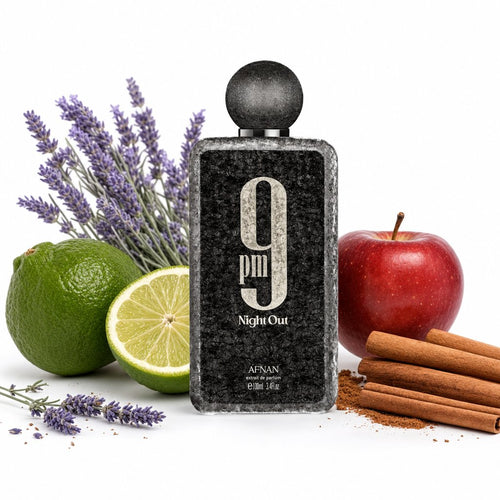Afnan 9 Night Out bottle with bergamot, lavandin and cinnamon notes
