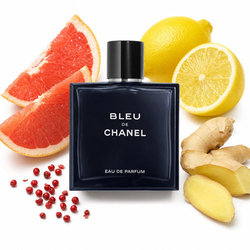 Bleu de Chanel EDP bottle with grapefruit, lemon and pink pepper notes